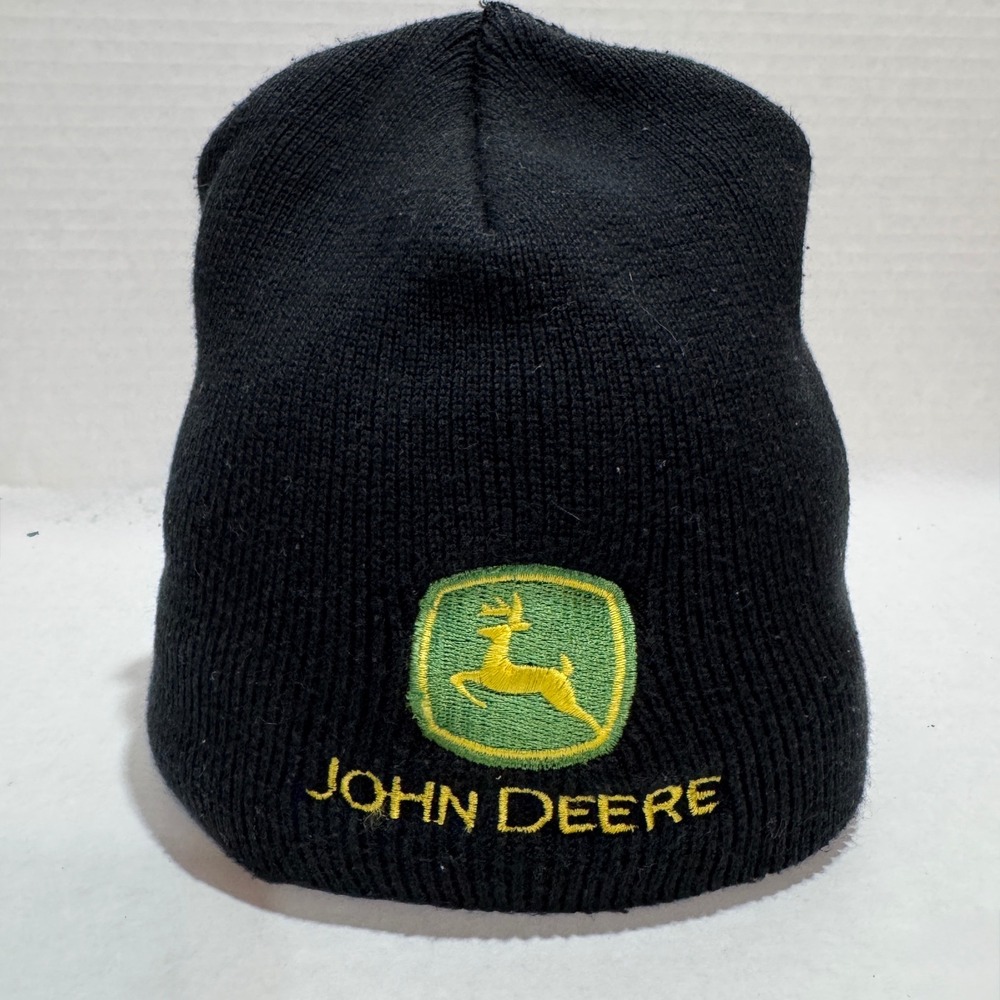 John Deere Black Knit Beanie Hat Embroidered Logo Nothing Runs Like A Deere OSFM